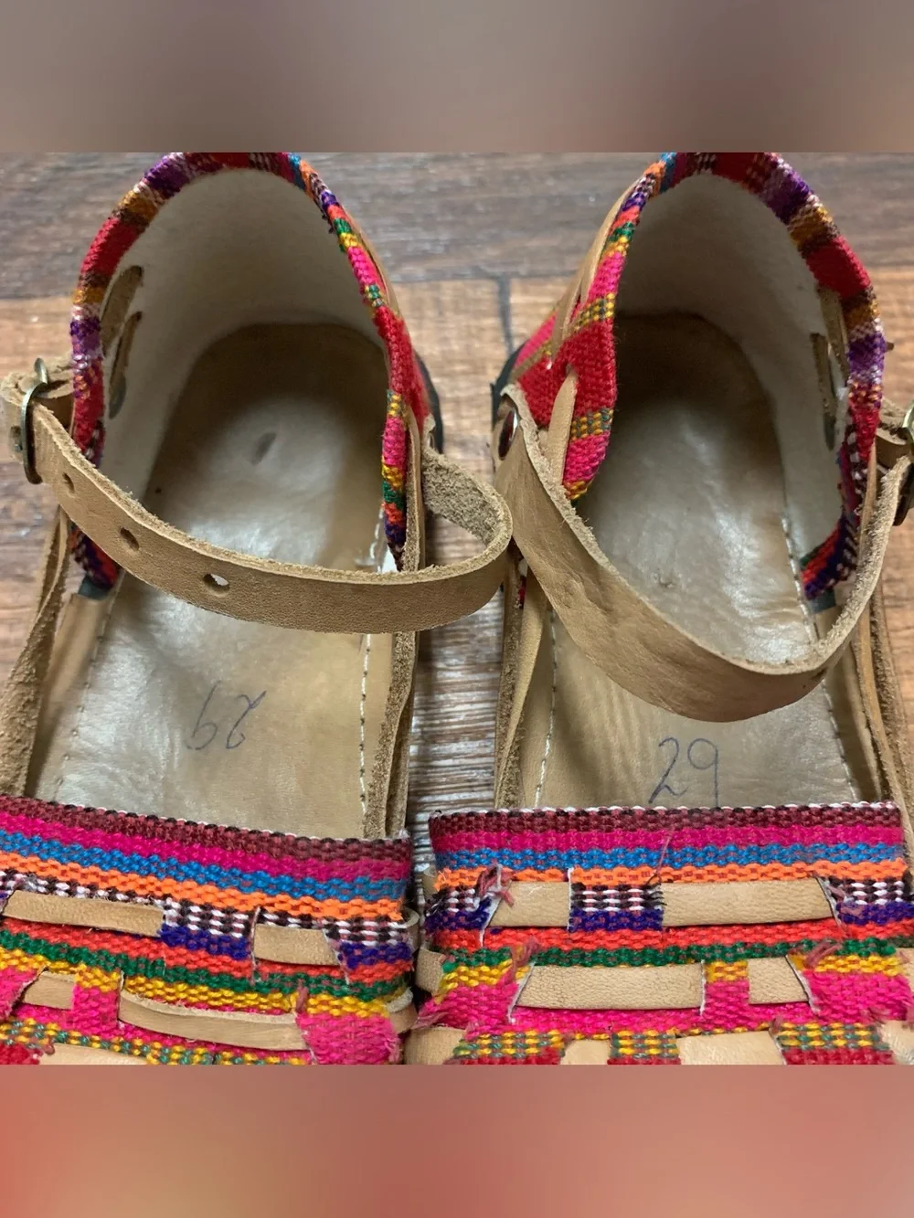 Colorful Woven Leather Mary Jane Sandals Handmade Girls Mexican Sz 29 (11 USA)